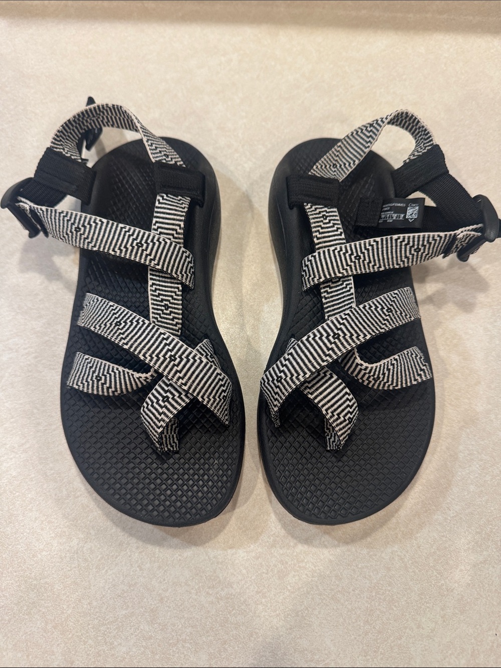 Chaco Women's Black Sandals with Black-and-White Patterned Straps